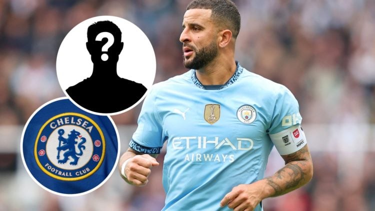 Manchester City defender Kyle Walker with insets of a Chelsea badge and a mystery silhouette