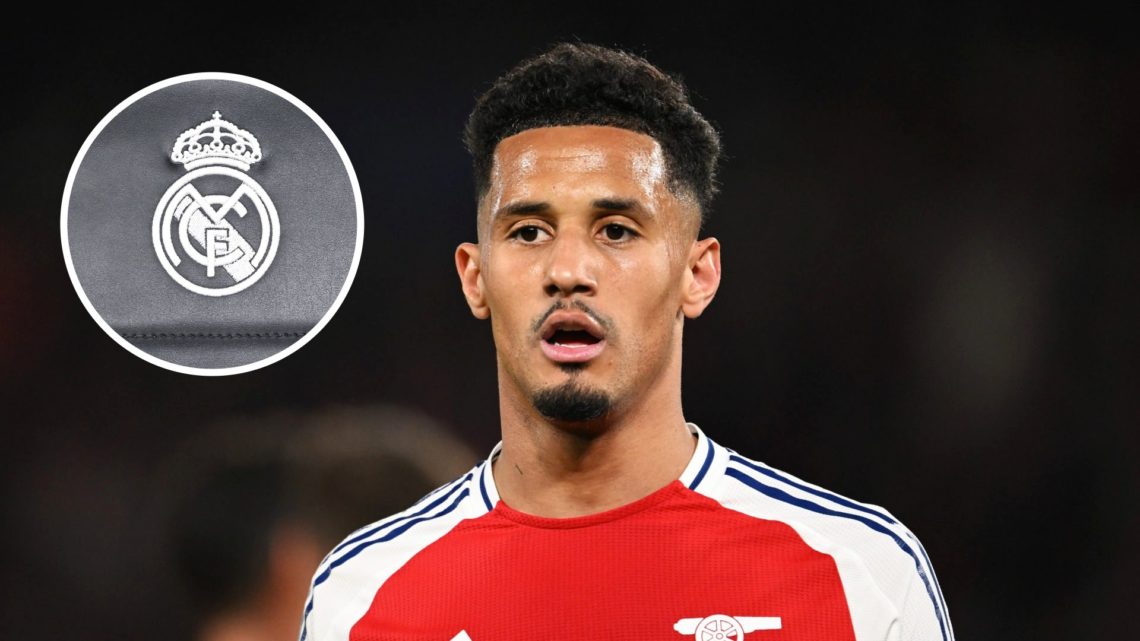 Image of William Saliba with overaly of Real Madrid badge