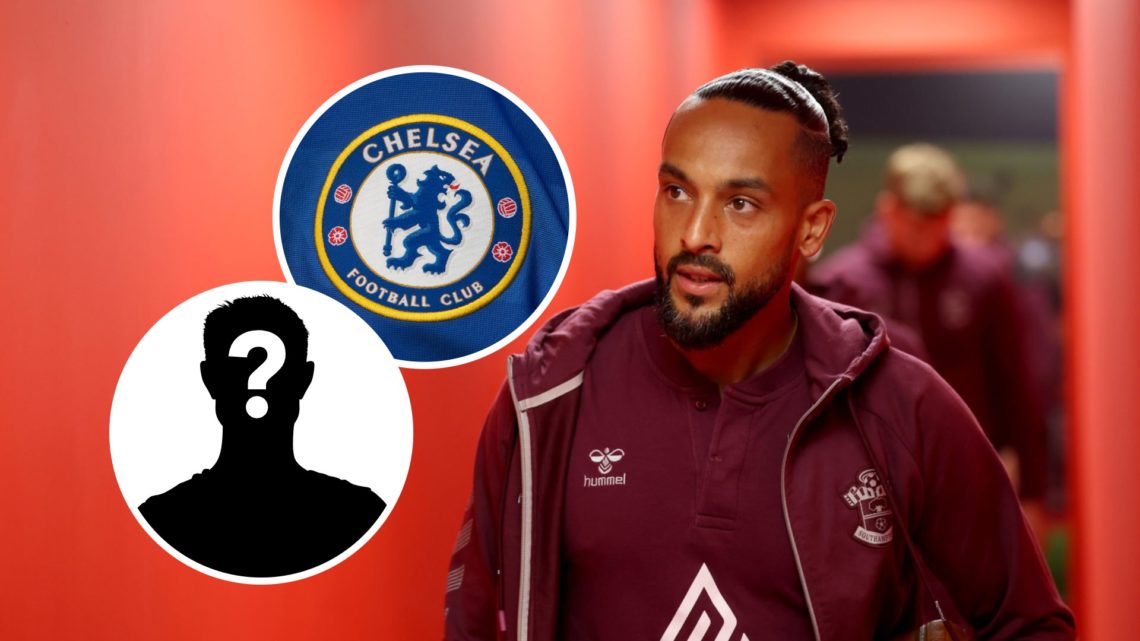 Theo Walcott with insets of Chelsea badge and mystery silhouette