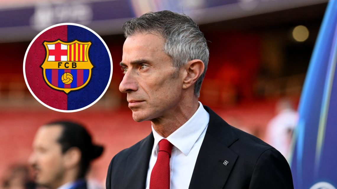 Arsenal director Nicola Berta with inset of Barcelona badge
