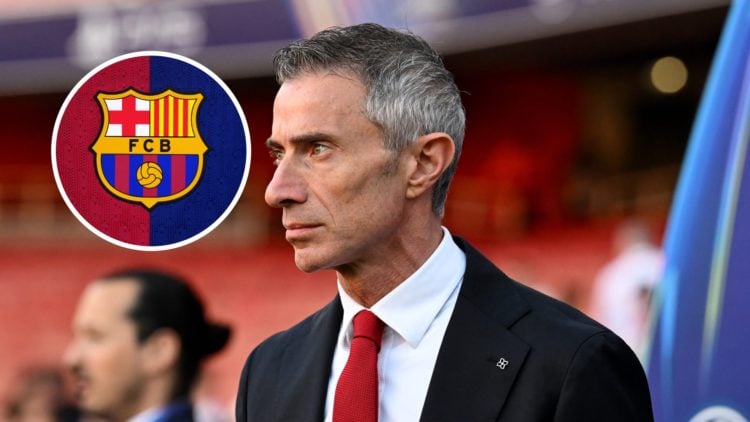 Arsenal director Nicola Berta with inset of Barcelona badge