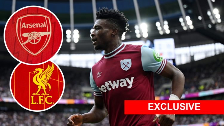 Image of Mohammed Kudus with overlay of Arsenal badge and overlay of Liverpool badge