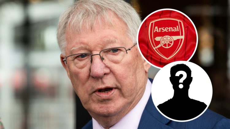 Sir Alex Ferguson with insets of Arsenal badge and mystery silhouette