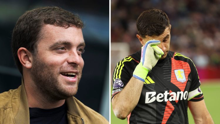 Split image, football journalist Fabrizio Romano. Emiliano Martinez crying after the Aston Villa vs Tottenham Hotspur match.
