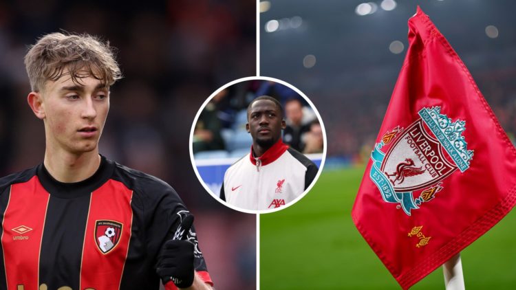Split image of Dean Huijsen and Liverpool corner flag with overlay of Ibrahima Konate