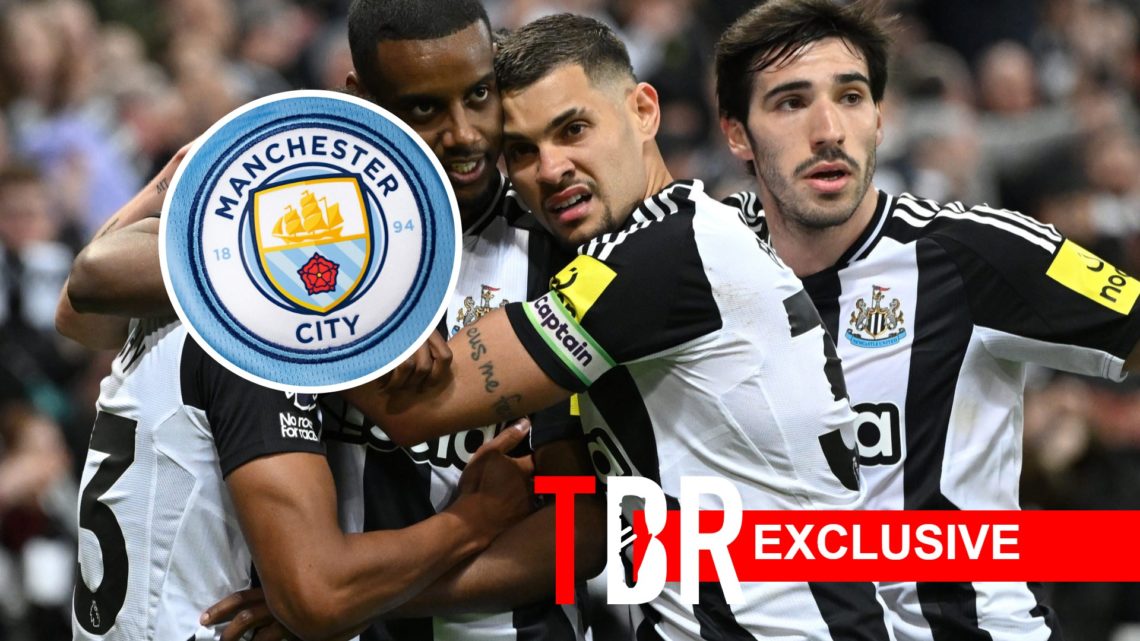 Newcastle United's Alexander Isak, Bruno Guimaraes and Sandro Tonali. Inset of Manchester City badge.