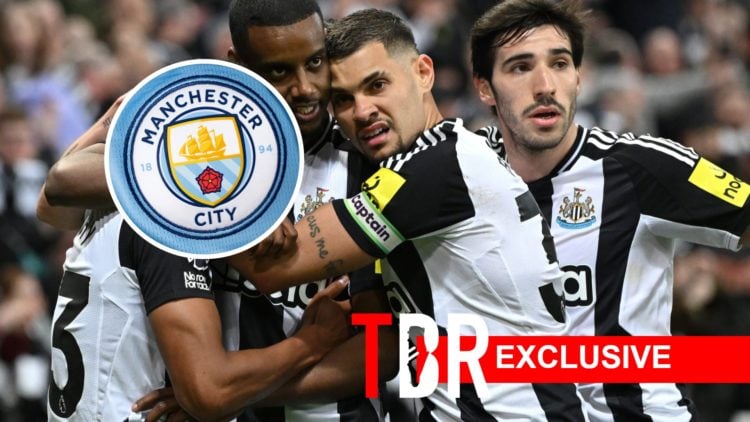 Newcastle United's Alexander Isak, Bruno Guimaraes and Sandro Tonali. Inset of Manchester City badge.