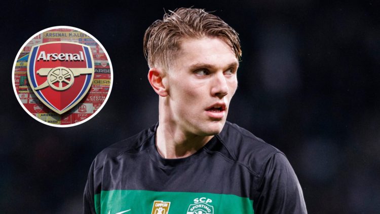 Image of Viktor Gyokeres with overlay of Arsenal badge