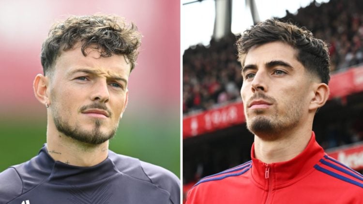 Ben White looks on during Arsenal training alongside Kai Havertz during a match at the Emirates Stadium.
