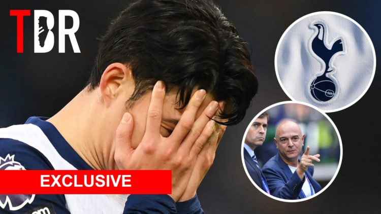 Tottenham Hotspur captain Son Heung-min. Inset of Tottenham chairman Daniel Levy and Tottenham badge.