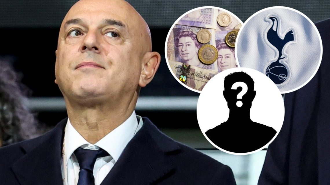 Tottenham Hotspur chairman Daniel Levy. Inset of cash, Tottenham badge and mystery player.
