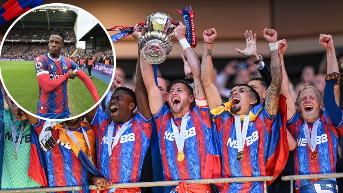 Image of Crystal Palace players celebrating the FA Cup win at Wembley, image of Wilfried Zaha inset