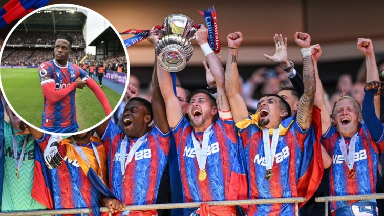 Image of Crystal Palace players celebrating the FA Cup win at Wembley, image of Wilfried Zaha inset
