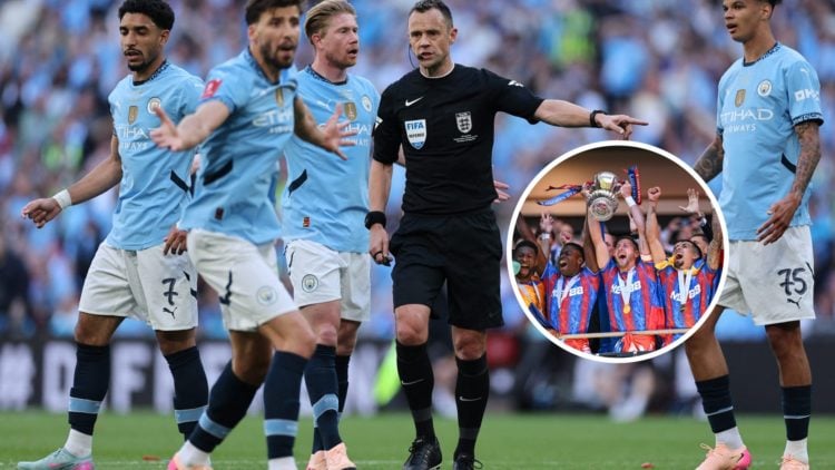 Image of Manchester City players at Wembley during FA Cup final, with Crystal Palace players celebrating inset
