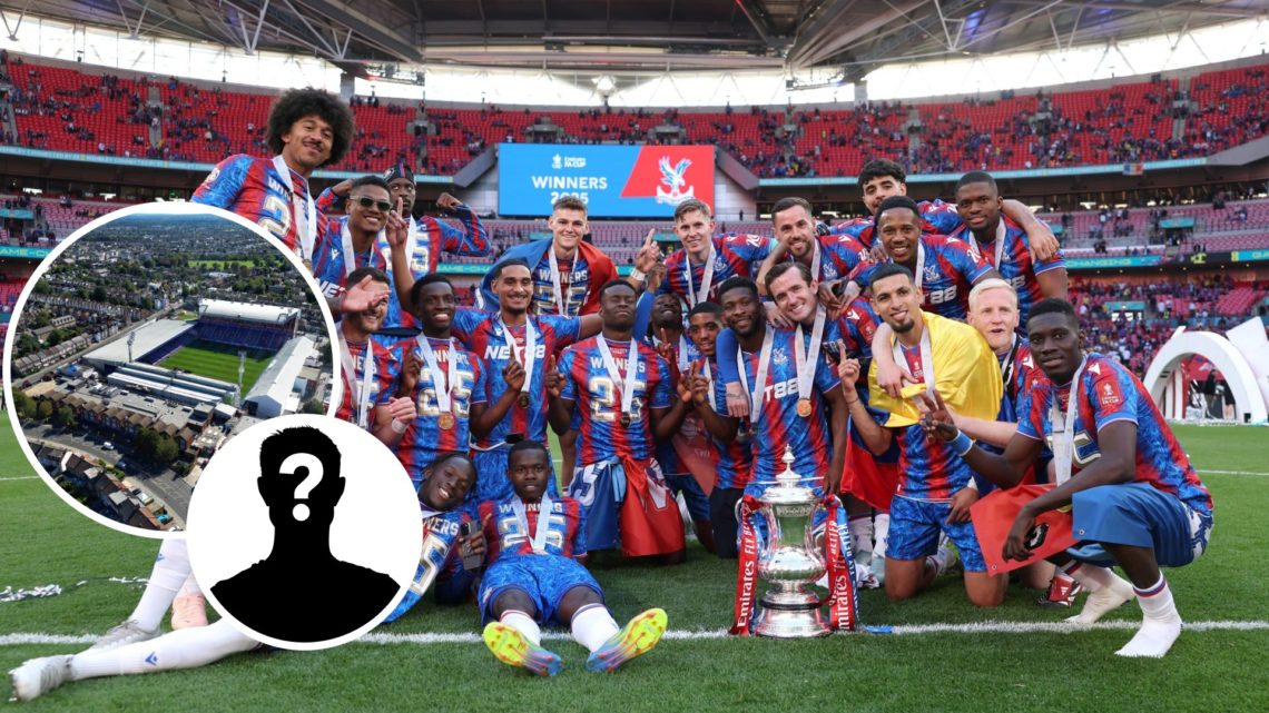 Image of Crystal Palace players celebrating the FA Cup win at Wembley, Selhurst Park and mystery figure inset