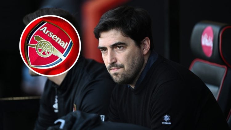 Bournemouth manager Andoni Iraola with inset of Arsenal badge