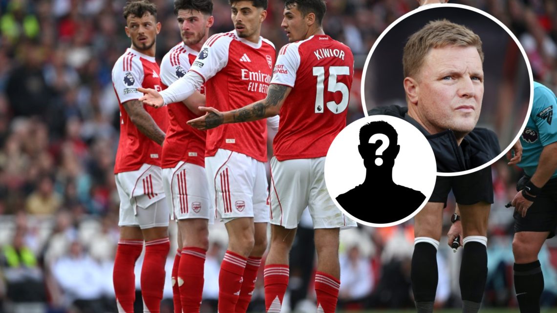Image of Arsenal players in the wall against Newcastle with Eddie Howe and mystery figure insets