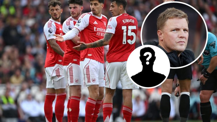 Image of Arsenal players in the wall against Newcastle with Eddie Howe and mystery figure insets