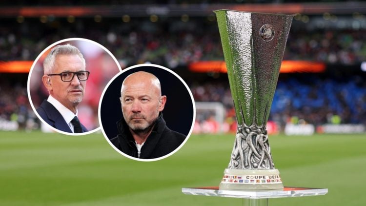Alan Shearer and Gary Lineker alongside the Europa League trophy ahead of Tottenham and Manchester United's final.