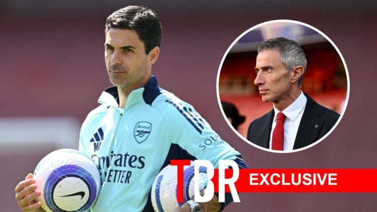 Mikel Arteta during an Arsenal training session with an inset of sporting director Andrea Berta.