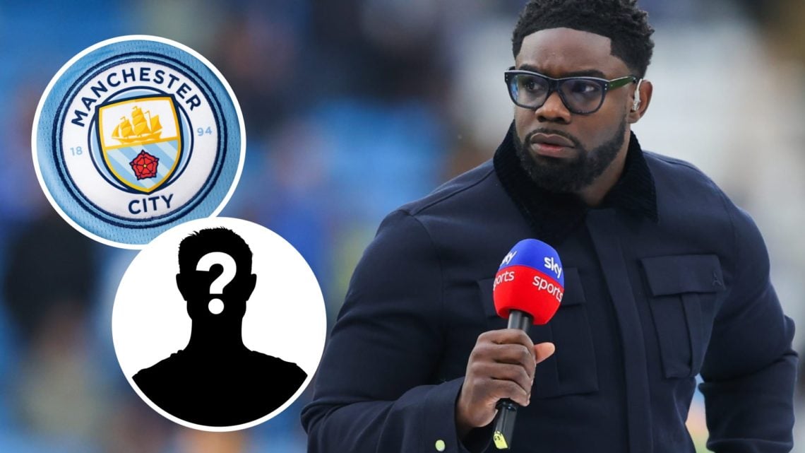 Sky Sports pundit Micah Richards. Inset of Manchester City badge and mystery player.
