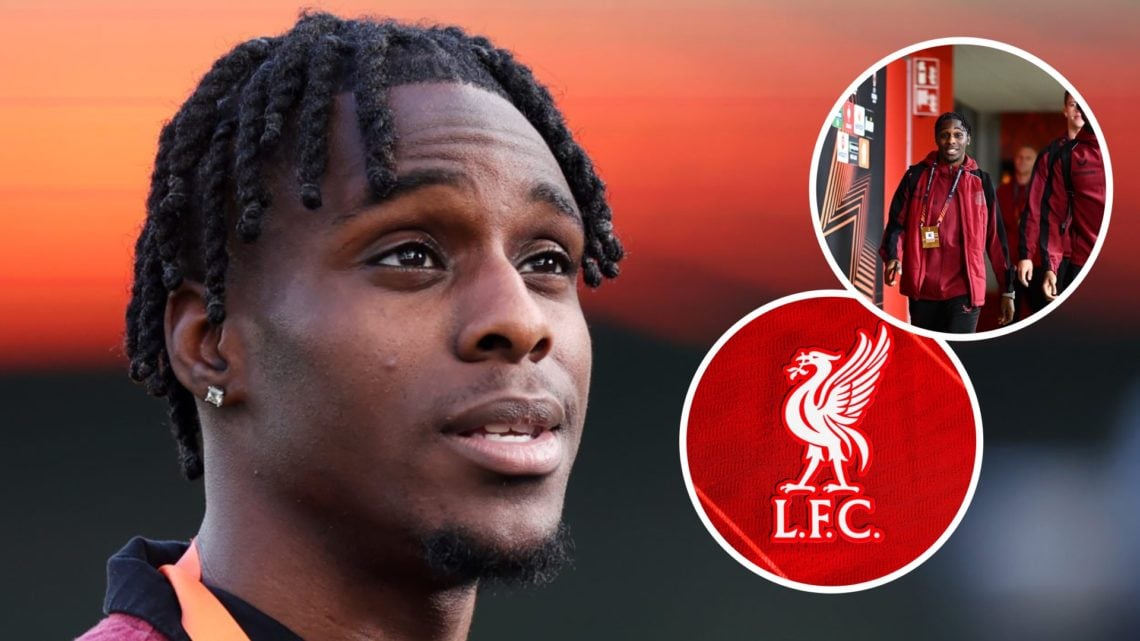 Bayer Leverkusen defender Jeremie Frimpong. Inset of Liverpool badge.