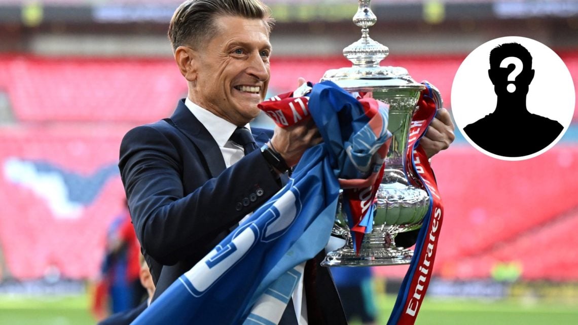 Image of Steve Parish celebrating the Crystal Palace FA Cup win at Wembley, mystery figure inset