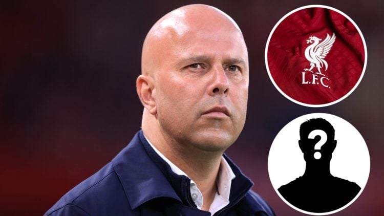 Image of Liverpool manager Arne Slot with overlay of Liverpool badge close up