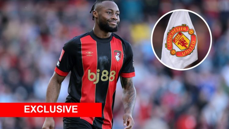 Image of Antoine Semenyo with overlay of Manchester United flag