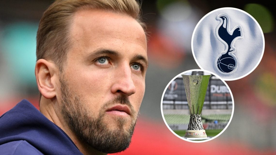 Bayern Munich striker Harry Kane. Inset of Tottenham badge and Europa League trophy.