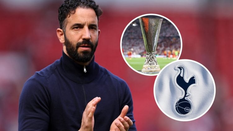Ruben Amorim applauds during a Manchester United match. Inset of the Europa League trophy and a Tottenham badge.