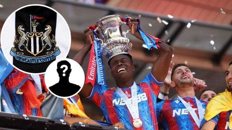 Image of Marc Guehi celebrating Crystal Palace's FA Cup win at Wembley with Newcastle badge and mystery figure inset