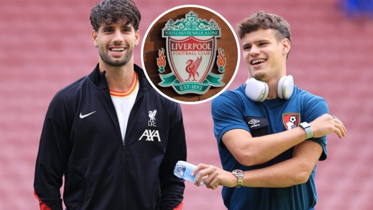 Image of Dominik Szoboszlai and Milos Kerkez together at Anfield, Liverpool badge inset