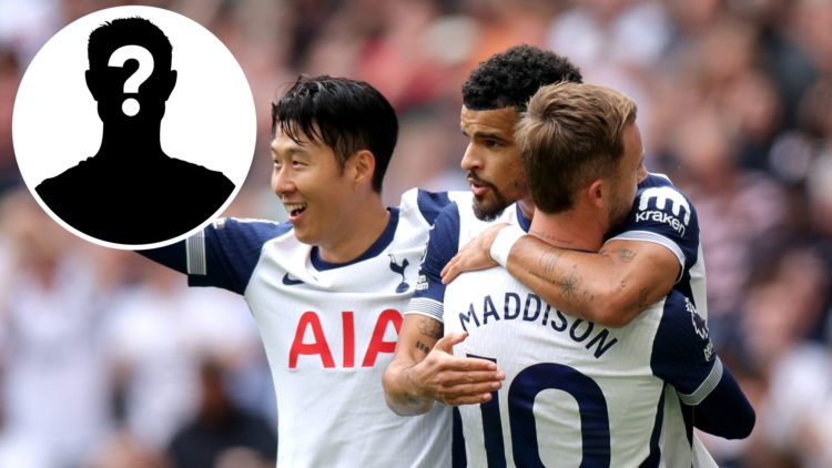 Image of Tottenham players Heung-min Son, James Maddison and Dominic Solanke celebrating a goal, with mystery figure inset