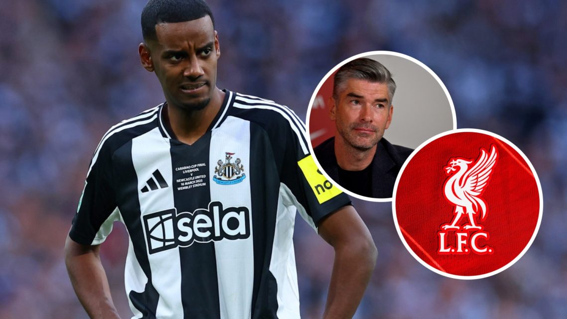 Alexander Isak during a Premier League match for Newcastle United. Inset, Richard Hughes at Liverpool alongside the club's badge.