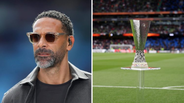 Split image of Rio Ferdinand and the Europa League trophy