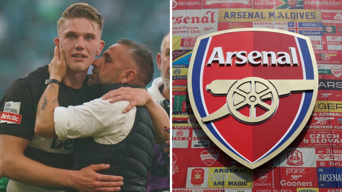 Split image of Viktor Gyokeres and Rui Borges (L) and Arsenal badge at the Emirates Stadium (R).