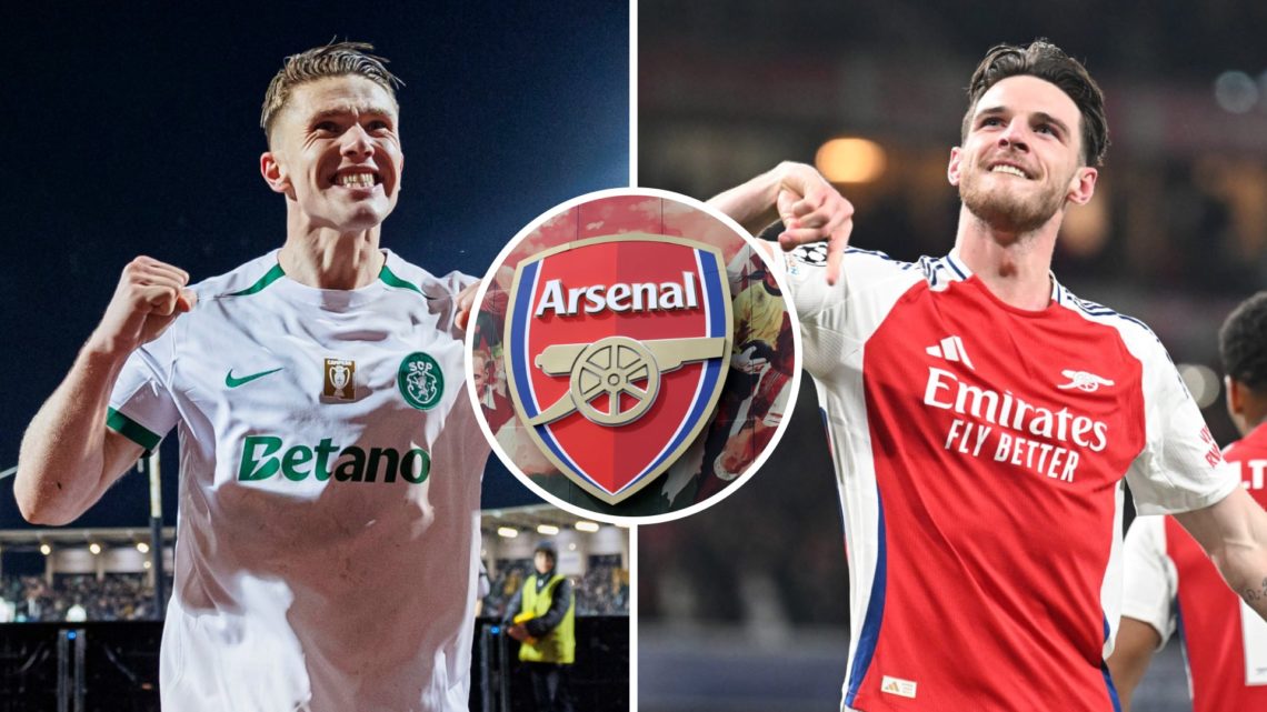 Split image of Sporting CP striker Viktor Gyokeres (L) and Arsenal midfielder Declan Rice (R). Inset of Arsenal badge.