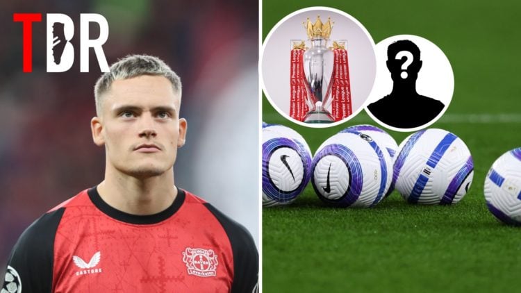 Split image of Florian Wirtz and Premier League balls, Premier League trophy and mystery figure inset