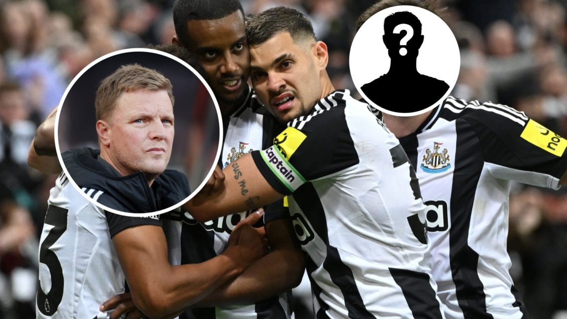 Image of Newcastle players celebrating a goal, Eddie Howe and mystery figure inset