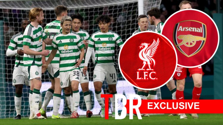 Celtic players celebrate a goal. Insets, Liverpool and Arsenal badges.