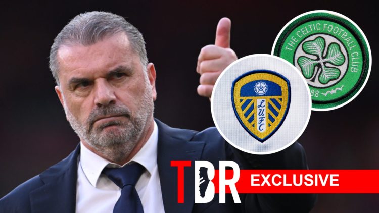 Ange Postecoglou celebrates during Tottenham's Premier League match. Inset, Celtic and Leeds United badges.