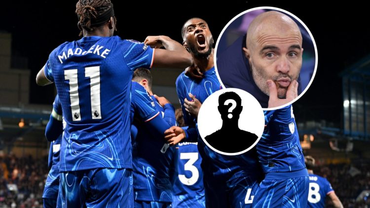 Image of Chelsea players celebrating at Stamford Bridge with Enzo Maresca and mystery figure inset
