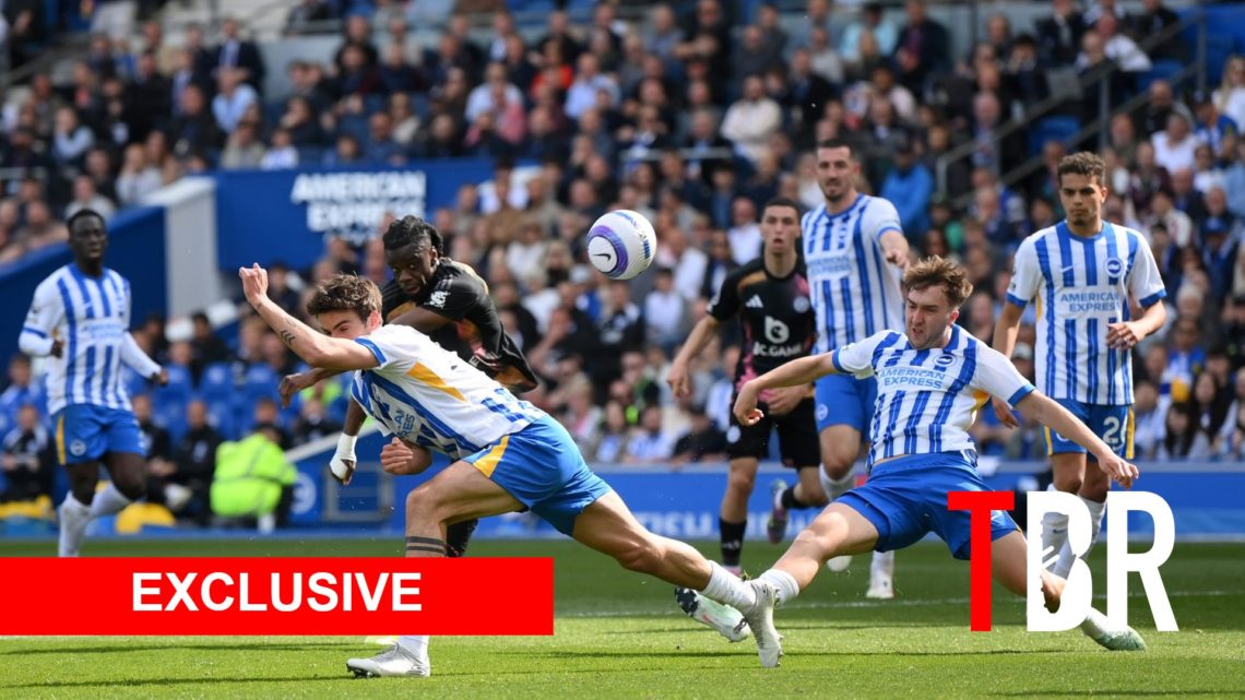 Matt O'Riley in action for Brighton against Leicester with TBR logo and Exclusive banner