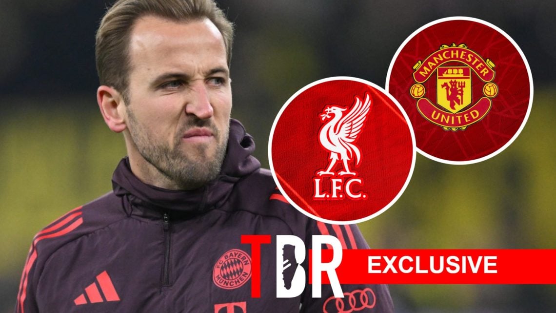 Bayern Munich striker Harry Kane. Inset of Liverpool badge and Man United badge.