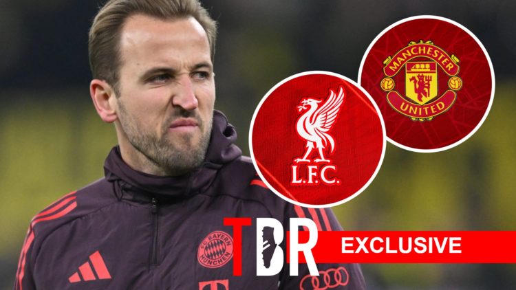 Bayern Munich striker Harry Kane. Inset of Liverpool badge and Man United badge.