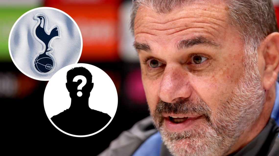 Tottenham Hotspur manager Ange Postecoglou. Inset of Tottenham badge and mystery player.