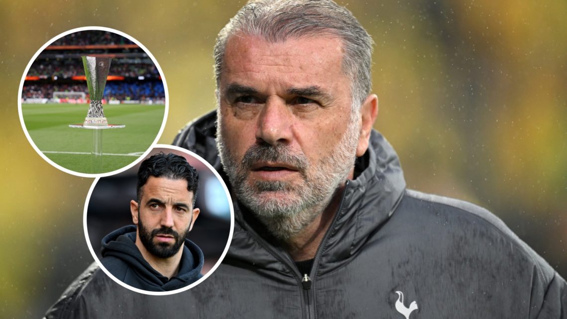 Tottenham manager Ange Postecoglou with insets of Europa League trophy and Manchester United manager Ruben Amorim