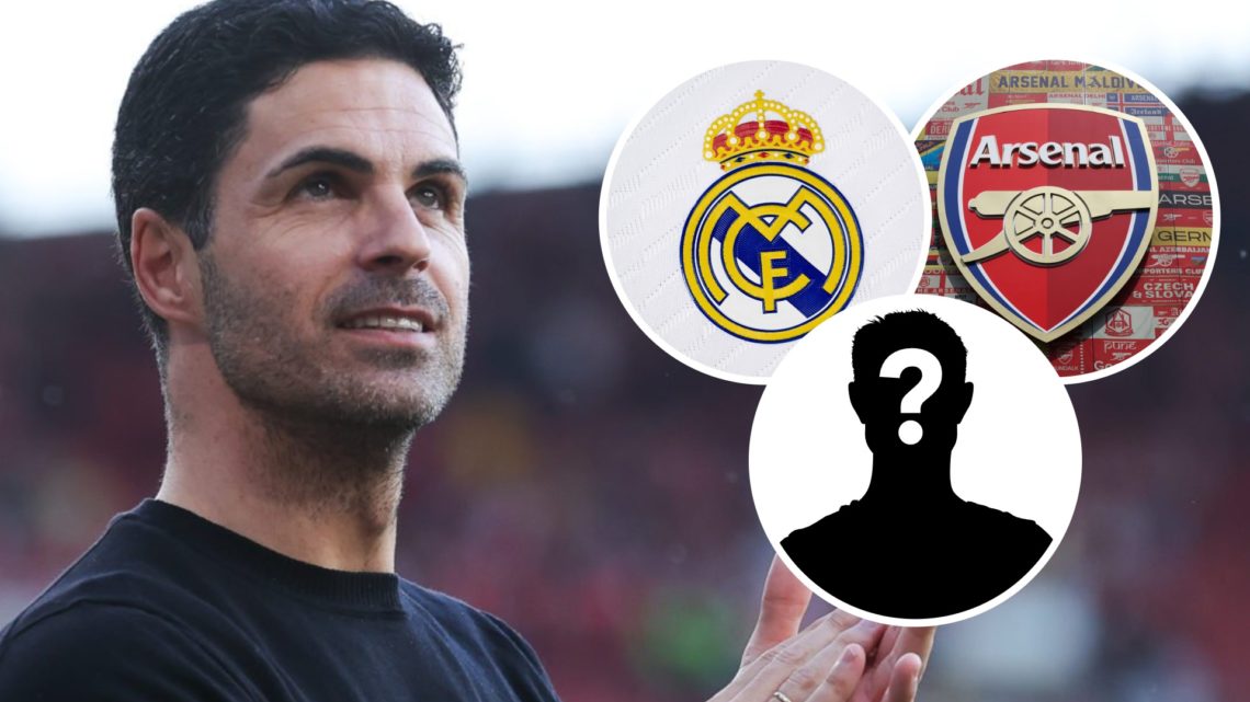 Arsenal manager Mikel Arteta. Inset of Arsenal badge, Real Madrid badge and mystery player.