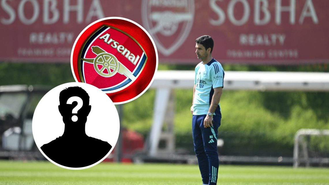Mikel Arteta with insets of Arsenal badge and mystery silhouette